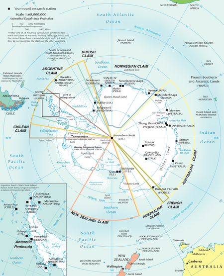 Mapa que visualiza los reclamos activos hoy en día sobre el territorio antártico.