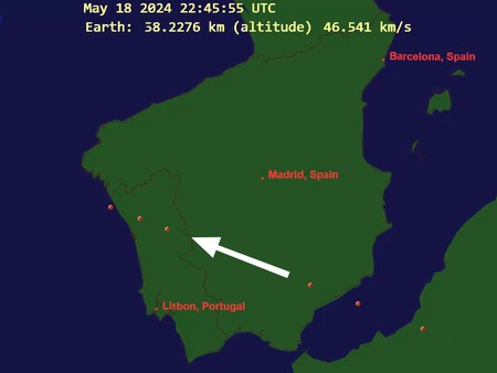 Trayectoria del meteoro que sobrevoló España y Portugal